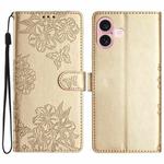 For iPhone 16 Cherry Blossom Butterfly Skin Feel Embossed PU Phone Case(Gold)