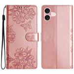 For iPhone 16 Cherry Blossom Butterfly Skin Feel Embossed PU Phone Case(Rose Gold)