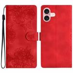 For iPhone 16 Plus Cherry Blossom Butterfly Skin Feel Embossed PU Phone Case(Red)