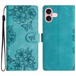 For iPhone 16 Plus Cherry Blossom Butterfly Skin Feel Embossed PU Phone Case(Green)