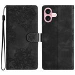 For iPhone 16 Plus Cherry Blossom Butterfly Skin Feel Embossed PU Phone Case(Black)