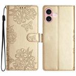 For iPhone 16 Plus Cherry Blossom Butterfly Skin Feel Embossed PU Phone Case(Gold)