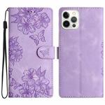 For iPhone 16 Pro Max Cherry Blossom Butterfly Skin Feel Embossed PU Phone Case(Purple)