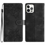 For iPhone 16 Pro Max Cherry Blossom Butterfly Skin Feel Embossed PU Phone Case(Black)