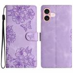 For iPhone 17 Cherry Blossom Butterfly Skin Feel Embossed PU Phone Case(Purple)