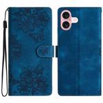 For iPhone 17 Cherry Blossom Butterfly Skin Feel Embossed PU Phone Case(Blue)