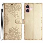 For iPhone 17 Cherry Blossom Butterfly Skin Feel Embossed PU Phone Case(Gold)