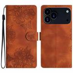 For iPhone 17 Pro Cherry Blossom Butterfly Skin Feel Embossed PU Phone Case(Brown)