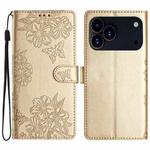 For iPhone 17 Pro Cherry Blossom Butterfly Skin Feel Embossed PU Phone Case(Gold)