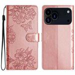 For iPhone 17 Pro Cherry Blossom Butterfly Skin Feel Embossed PU Phone Case(Rose Gold)