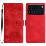 For iPhone 17 Pro Max Cherry Blossom Butterfly Skin Feel Embossed PU Phone Case(Red)