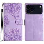 For iPhone 17 Pro Max Cherry Blossom Butterfly Skin Feel Embossed PU Phone Case(Purple)