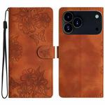 For iPhone 17 Pro Max Cherry Blossom Butterfly Skin Feel Embossed PU Phone Case(Brown)