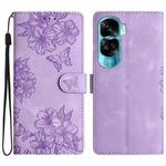 For Honor 90 Lite 5G Cherry Blossom Butterfly Skin Feel Embossed PU Phone Case(Purple)