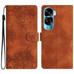 For Honor 90 Lite 5G Cherry Blossom Butterfly Skin Feel Embossed PU Phone Case(Brown)