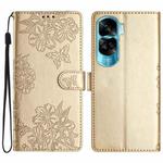 For Honor 90 Lite 5G Cherry Blossom Butterfly Skin Feel Embossed PU Phone Case(Gold)