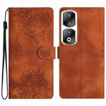 For Honor 90 Pro 5G Cherry Blossom Butterfly Skin Feel Embossed PU Phone Case(Brown)