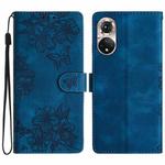 For Honor 50 Cherry Blossom Butterfly Skin Feel Embossed PU Phone Case(Blue)