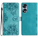 For Honor 70 Cherry Blossom Butterfly Skin Feel Embossed PU Phone Case(Green)