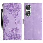 For Honor 90 Cherry Blossom Butterfly Skin Feel Embossed PU Phone Case(Purple)