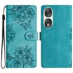 For Honor 90 Cherry Blossom Butterfly Skin Feel Embossed PU Phone Case(Green)