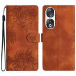 For Honor 90 Cherry Blossom Butterfly Skin Feel Embossed PU Phone Case(Brown)