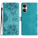 For Honor X7 Cherry Blossom Butterfly Skin Feel Embossed PU Phone Case(Green)