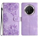 For Honor X9c Cherry Blossom Butterfly Skin Feel Embossed PU Phone Case(Purple)