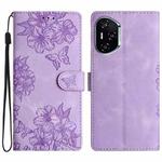 For Honor 400 Global 156.5mm Cherry Blossom Butterfly Skin Feel Embossed PU Phone Case(Purple)