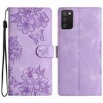 For Samsung Galaxy A02s / F02s 164mm Cherry Blossom Butterfly Skin Feel Embossed PU Phone Case(Purple)