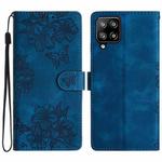 For Samsung Galaxy A22 4G Cherry Blossom Butterfly Skin Feel Embossed PU Phone Case(Blue)