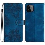 For Samsung Galaxy A22 5G Cherry Blossom Butterfly Skin Feel Embossed PU Phone Case(Blue)