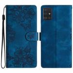 For Samsung Galaxy A71 4G Cherry Blossom Butterfly Skin Feel Embossed PU Phone Case(Blue)