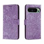 For Google Pixel 9 Lace Flower Embossing Flip Leather Phone Case(Purple)
