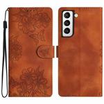 For Samsung Galaxy S21 FE 5G Cherry Blossom Butterfly Skin Feel Embossed PU Phone Case(Brown)