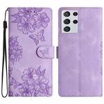 For Samsung Galaxy S21 Ultra 5G Cherry Blossom Butterfly Skin Feel Embossed PU Phone Case(Purple)