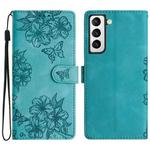 For Samsung Galaxy S22+ 5G Cherry Blossom Butterfly Skin Feel Embossed PU Phone Case(Green)