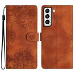 For Samsung Galaxy S22+ 5G Cherry Blossom Butterfly Skin Feel Embossed PU Phone Case(Brown)