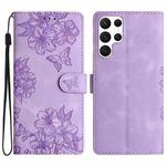 For Samsung Galaxy S22 Ultra 5G Cherry Blossom Butterfly Skin Feel Embossed PU Phone Case(Purple)