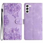 For Samsung Galaxy S23 5G Cherry Blossom Butterfly Skin Feel Embossed PU Phone Case(Purple)