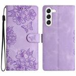 For Samsung Galaxy S23+ 5G Cherry Blossom Butterfly Skin Feel Embossed PU Phone Case(Purple)