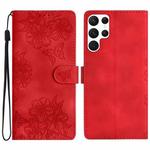 For Samsung Galaxy S23 Ultra 5G Cherry Blossom Butterfly Skin Feel Embossed PU Phone Case(Red)