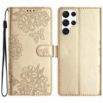 For Samsung Galaxy S24 Ultra 5G Cherry Blossom Butterfly Skin Feel Embossed PU Phone Case(Gold)