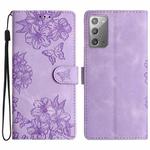 For Samsung Galaxy Note20 Cherry Blossom Butterfly Skin Feel Embossed PU Phone Case(Purple)