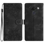 For LG K50 Cherry Blossom Butterfly Skin Feel Embossed PU Phone Case(Black)