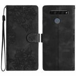 For LG K51S Cherry Blossom Butterfly Skin Feel Embossed PU Phone Case(Black)
