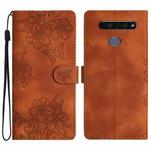 For LG K61 Cherry Blossom Butterfly Skin Feel Embossed PU Phone Case(Brown)