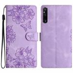 For Sony Xperia 1 V Cherry Blossom Butterfly Skin Feel Embossed PU Phone Case(Purple)