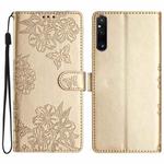 For Sony Xperia 1 V Cherry Blossom Butterfly Skin Feel Embossed PU Phone Case(Gold)