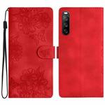 For Sony Xperia 10 V Cherry Blossom Butterfly Skin Feel Embossed PU Phone Case(Red)